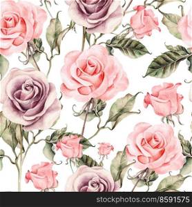 Pattern with watercolor realistic rose.  Illustration.. Pattern with watercolor realistic rose.