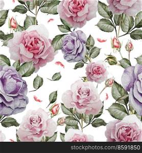 Pattern with watercolor realistic rose. Illustration.. Pattern with watercolor realistic rose.