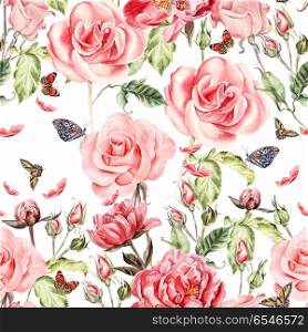 Pattern with watercolor realistic rose, peony and butterflies.. Pattern with watercolor realistic rose, peony and butterflies. Illustration.