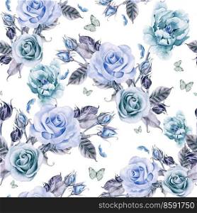 Pattern with watercolor realistic rose, peony and butterflies. Illustration.. Pattern with watercolor realistic rose, peony and butterflies.