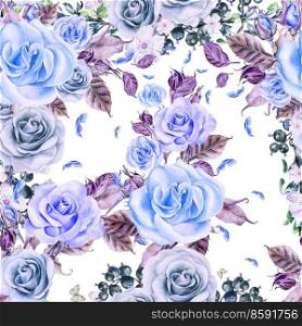 Pattern with watercolor realistic roses and berries. Illustration.. Pattern with watercolor realistic roses and berries.