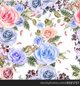 Pattern with watercolor realistic roses and berries. Illustration.. Pattern with watercolor realistic roses and berries.