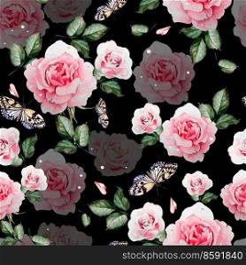 Pattern with watercolor realistic roses, butterflies and plants. Illustration.. Pattern with watercolor realistic roses, butterflies and plants.