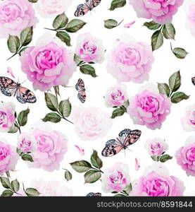 Pattern with watercolor realistic roses, butterflies and plants. Illustration.. Pattern with watercolor realistic roses, butterflies and plants.