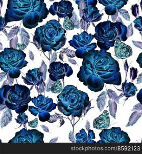 Pattern with watercolor realistic roses, butterflies and plants. Illustration.. Pattern with watercolor realistic roses, butterflies and plants. 