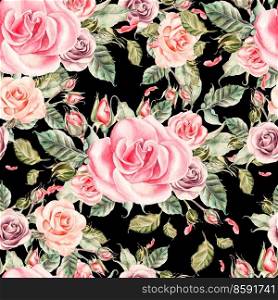 Pattern with watercolor realistic roses. Illustration.. Pattern with watercolor realistic roses.