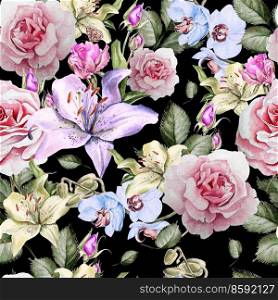 Pattern with watercolor realistic roses, lily and orchids. Illustration.. Pattern with watercolor realistic roses, lily and orchids. 