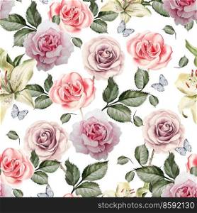 Pattern with watercolor realistic roses, lily, butterflies and plants. Illustration.. Pattern with watercolor realistic roses, lily, butterflies and plants.