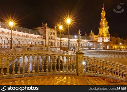Patterned fence of the bridge on the Spain Square or Plaza de Espana in Seville at night, Andalusia, Spain