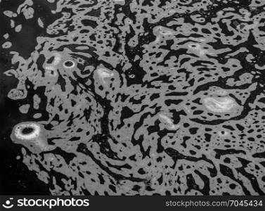 Patterns are created from foam in water. Black and white image.