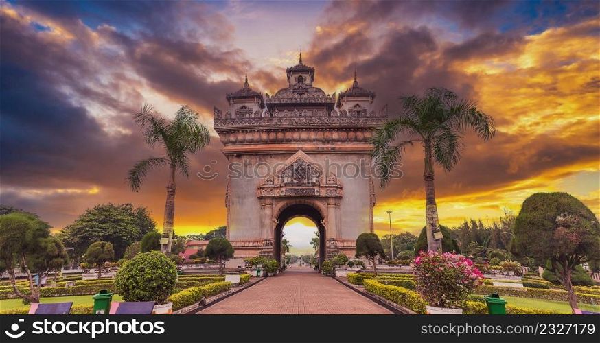 Patuxai literally meaning Victory Gate and sunset in Vientiane,Laos