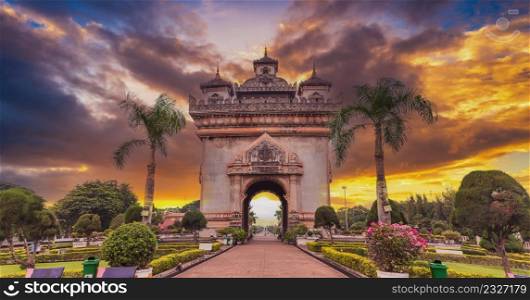 Patuxai literally meaning Victory Gate and sunset in Vientiane,Laos