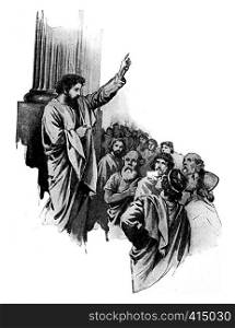 "Paul told the philosophers of the Athens that "Lord of heaven and earth dwelleth not in temples made with hands", vintage engraved illustration."