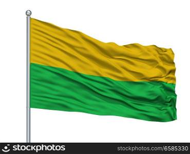 Pauna City Flag On Flagpole, Country Colombia, Boyaca Department, Isolated On White Background. Pauna City Flag On Flagpole, Colombia, Boyaca Department, Isolated On White Background