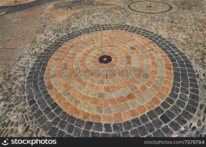 Pavement with concentric pattern. Patterned floor walkway in the park, Montjuic, Barcelona, Catalonia, Spain