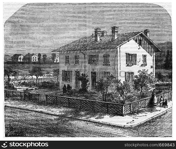 Pavilion of Mulhouse city for four households, vintage engraved illustration. Industrial encyclopedia E.-O. Lami - 1875.