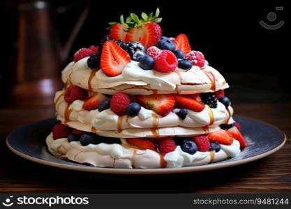 Pavlova cake topped with fruit. Generative AI