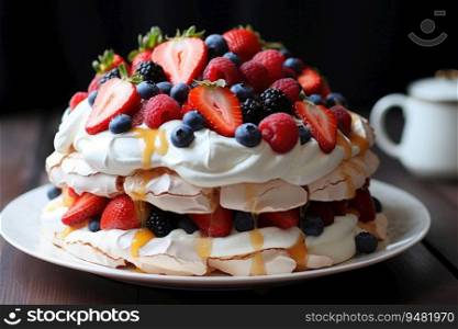 Pavlova cake topped with fruit. Generative AI