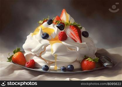 Pavlova dessert cream. Food fruit. Generate Ai. Pavlova dessert cream. Generate Ai