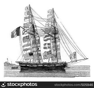 Pavoisse schooner, wetted, seen by starboard boudoir, vintage engraved illustration. Magasin Pittoresque 1842.