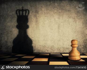Pawn chess piece glorification, casting a shadow of coronation on a concrete wall. Business aspirations and leadership concept. Magical transformation, become a king.