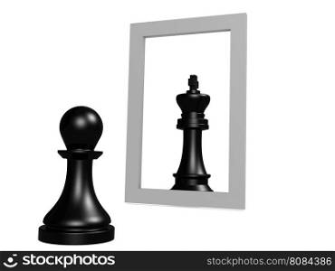 Pawn looking in the mirror seeing queen, 3D rendering