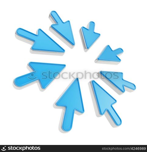Pay attention: round copyspace frame made of blue plastic mouse cursor pointers isolated on white