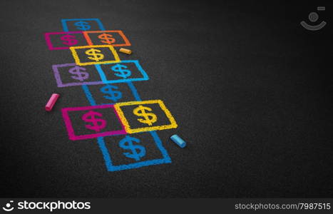 Paying for school concept and education financing business concept as a chalk drawing of a hopscotch game on a floor with dollar signs as a symbol of student loans and paying for affordable schooling fees in private and public system.