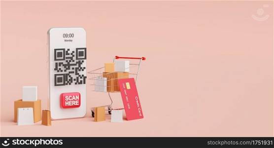 Payment on mobile concept, QR code scanning on mobile making payment and verification, 3d illustration