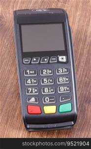 Payment terminal, credit card reader using for cashless paying. Finance and banking concept. Payment terminal, credit card reader using for cashless paying