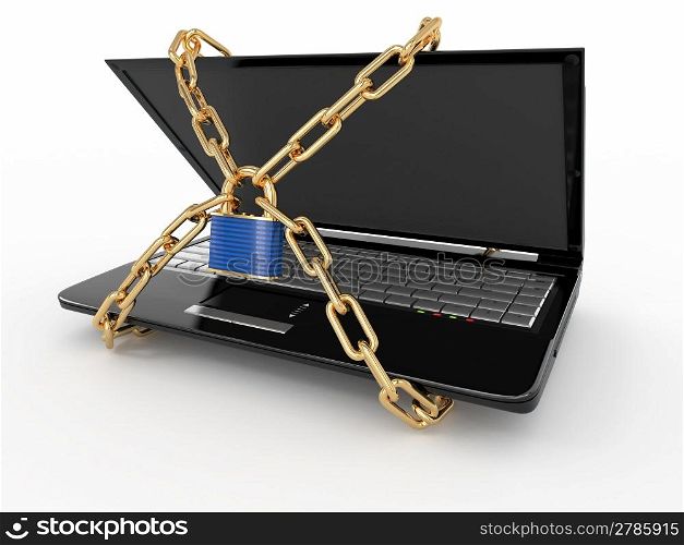 Pc security. Laptop with chain and lock. 3d