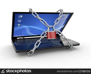 Pc security. Laptop with chain and lock. 3d