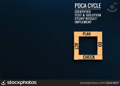PDCA cycle process improvement, Action plan strategy. wooden sq. PDCA cycle process improvement, Action plan strategy. wooden square on the black backgrounds with text PLAN, DO, CHECK and ACT with copy space