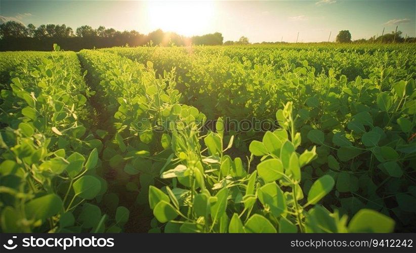 Pea field in the rays of the evening sun, the cultivation of natural products. Sky background, horizon. AI generated.. Pea field in the rays of the evening sun, the cultivation of natural products. AI generated.