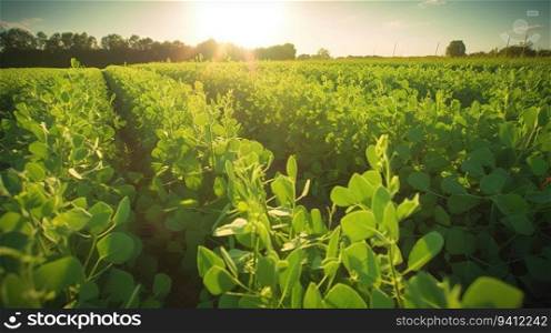 Pea field in the rays of the evening sun, the cultivation of natural products. Sky background, horizon. AI generated.. Pea field in the rays of the evening sun, the cultivation of natural products. AI generated.