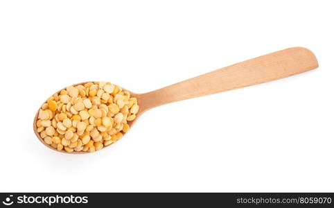 pea grain and wooden spoon on white