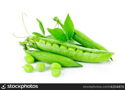 Pea pods with green peas isolated on white background