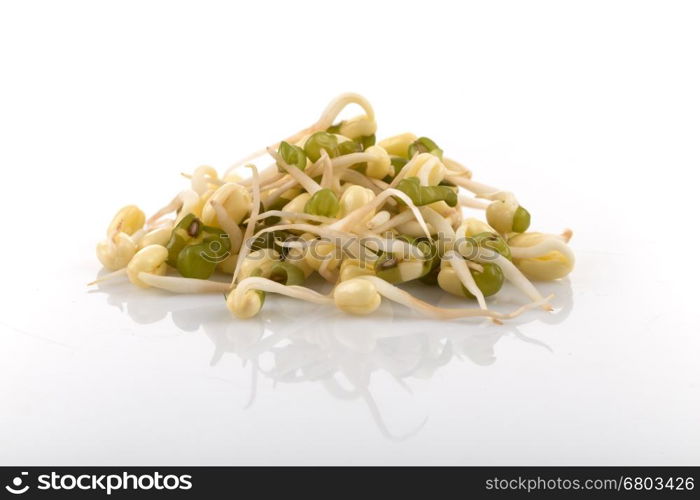 Pea seeds with sprouts close up macro shot top view isolated on white background