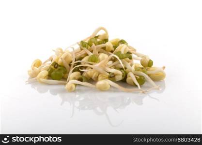 Pea seeds with sprouts close up macro shot top view isolated on white background