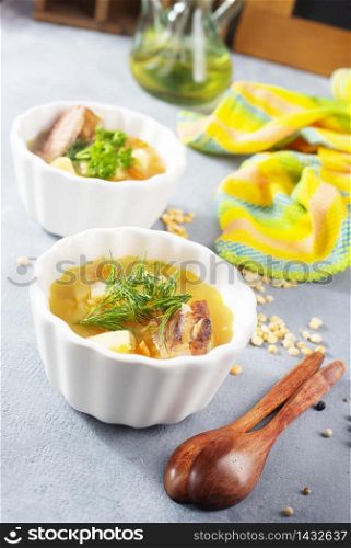 pea soup with meat, soup from dry pea