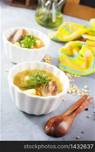 pea soup with meat, soup from dry pea