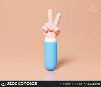Peace hand symbol, Victory sign gesture, two fingers hand isolated on white background, 3d rendering. minimal fashion, cartoon body part, pink blue pastel colors Hands Gestures 3D cartoon funny