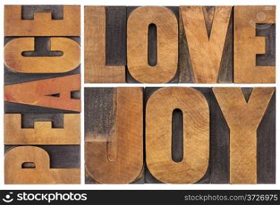 peace, love and joy typography abstract - a collage of isolated words in letterpress wood type