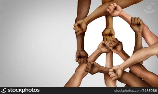 Peace Protest group and protester unity and diversity partnership as hands in a fist of diverse people connected together as a nonviolent resistance symbol of justice and fighting for a good cause.