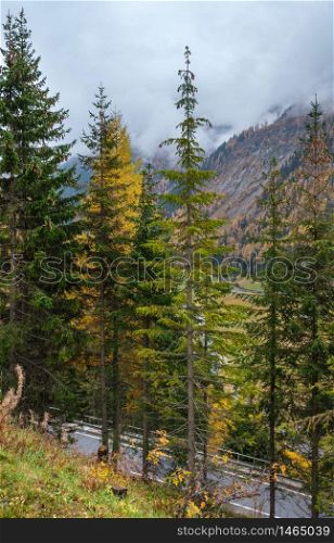 Peaceful autumn Alps mountain countryside cloudy overcast view from Felbertauern Strasse high alpine road, Austria