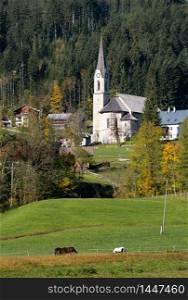 Peaceful autumn Alps mountain countryside sunny view, church on Gosau village outskirts near forest, Austria.