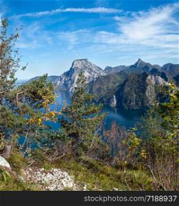 Peaceful autumn Alps mountain Traunsee lake view from Kleiner Sonnstein rock summit, Ebensee, Upper Austria.