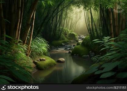peaceful bamboo forest with tranquil stream, perfect for meditation, created with generative ai. peaceful bamboo forest with tranquil stream, perfect for meditation