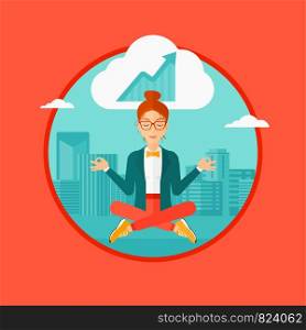 Peaceful business woman with eyes closed doing yoga and meditating in lotus pose outdoors and thinking about the growth graph. Vector flat design illustration in the circle isolated on background.. Peaceful business woman doing yoga.