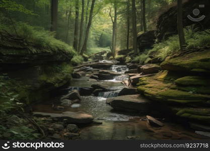 peaceful forest oasis with babbling brook and waterfall, created with generative ai. peaceful forest oasis with babbling brook and waterfall
